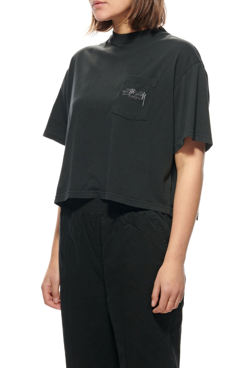 Stussy Designs Pocket Boxy T-shirts Damen Schwarz | DE0000153